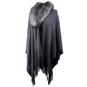Gray Faux Fur Elegant Ladies Poncho